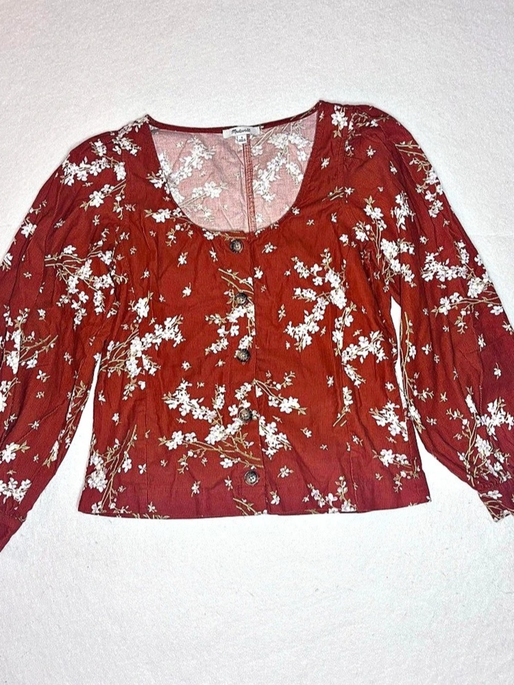 Madewell Corduroy Shirred-Sleeve Button-Front Top in Farmstand Bouquet Floral
